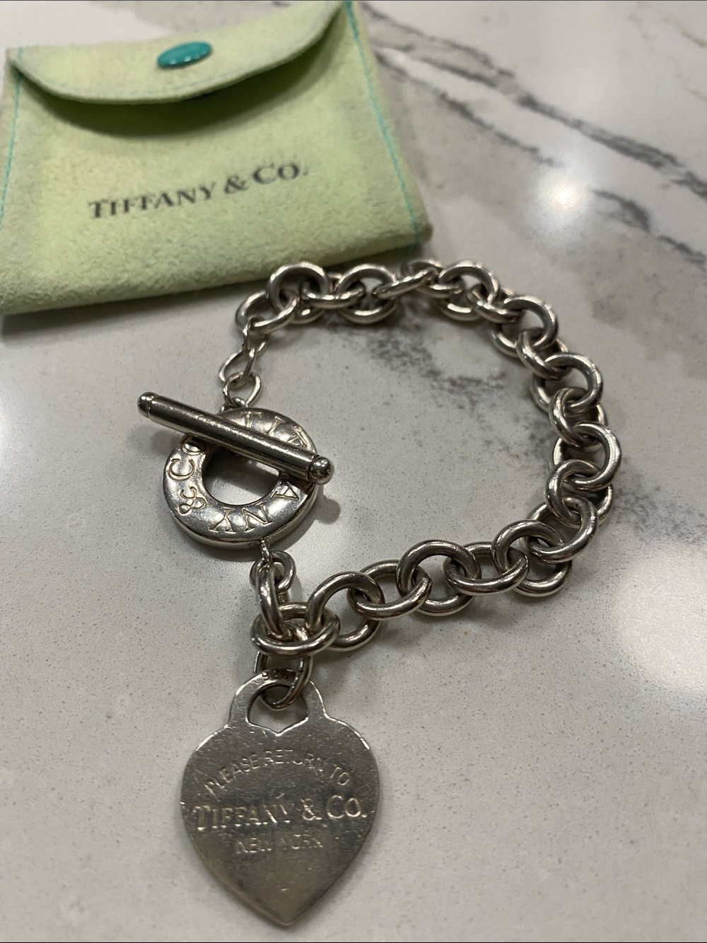 Tiffany & Co. Silver Heart Tag Toggle Bracelet with Pouch